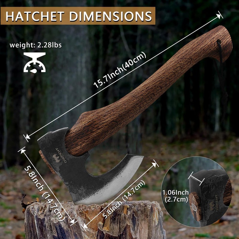 DWFKHT Hatchet, 15.7" Camping Axe with Leather Sheath, Bushcraft Axe with 1065 Carbon Steel & Beech Handle, Survival Hatchet for Wood Splitting and Chopping - Perfect for Gardening and Outdoor - Image 2